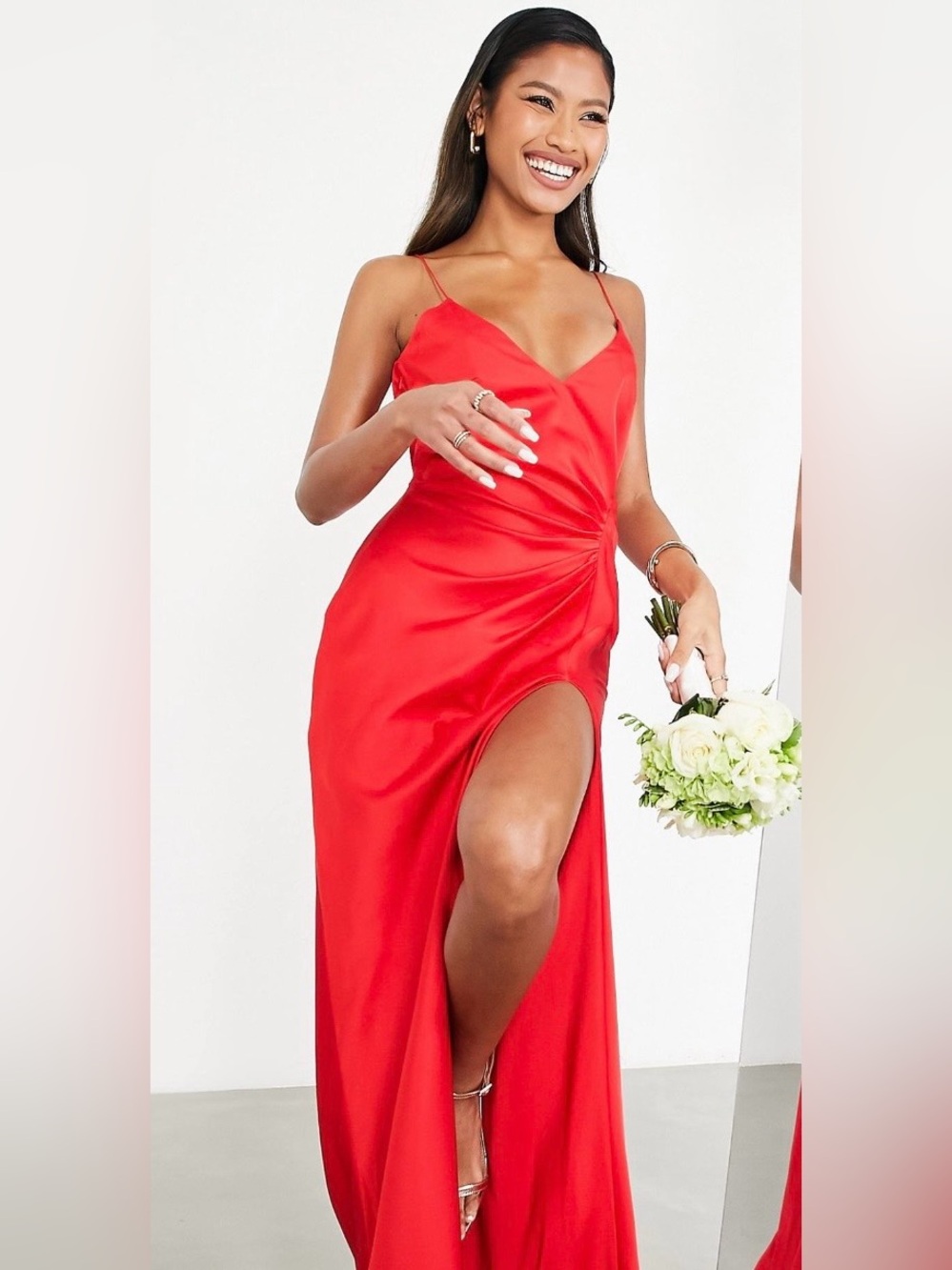 Red Satin Slit Maxi Dress